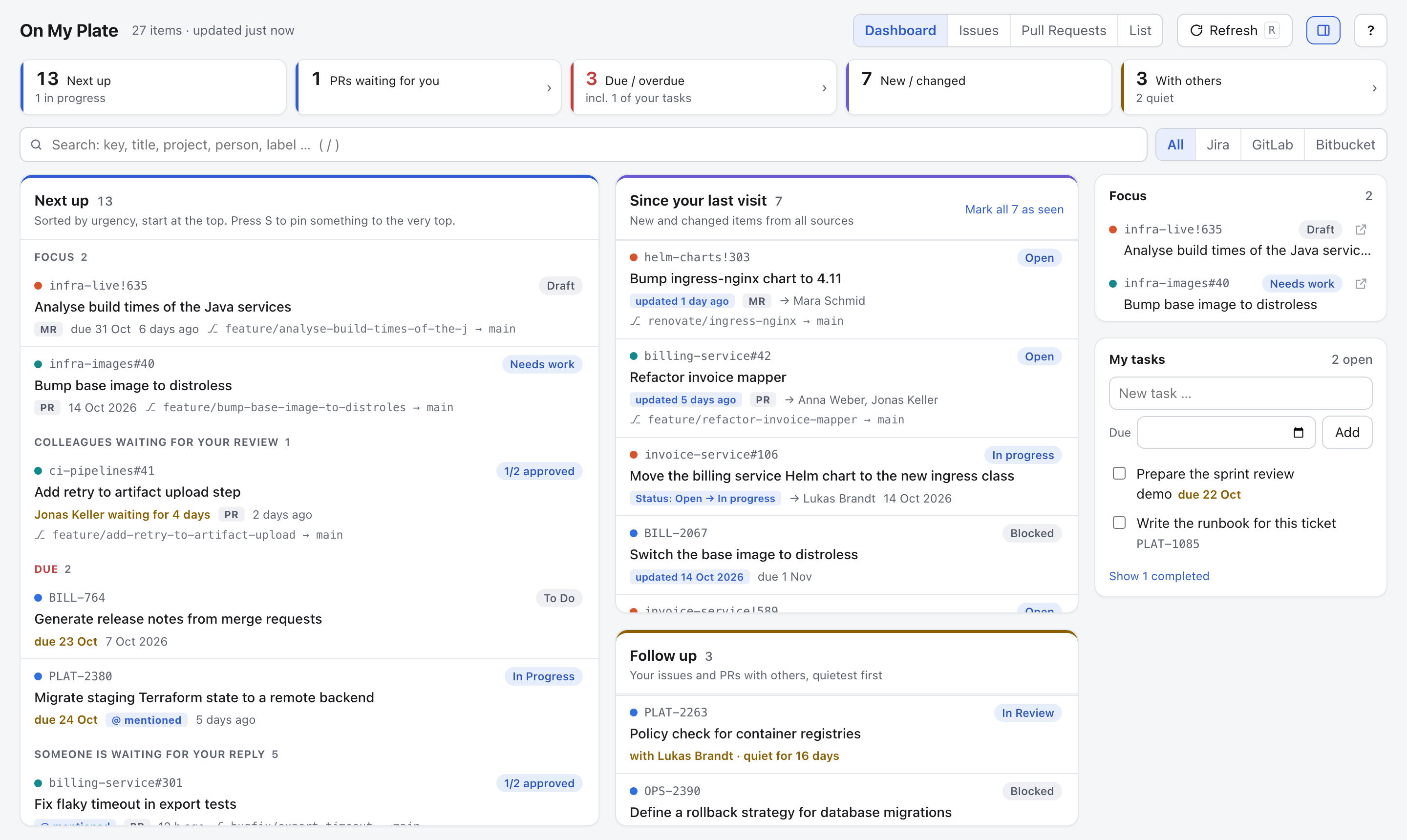 The On My Plate dashboard with the Next up queue, new changes and follow-ups